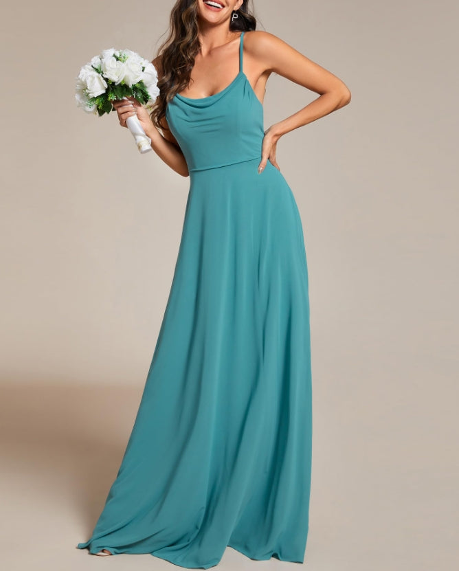 Dusty Blue Women's Elegant A Line Spaghetti Straps Cowl Neck Sleeveless Long Prom Dresses